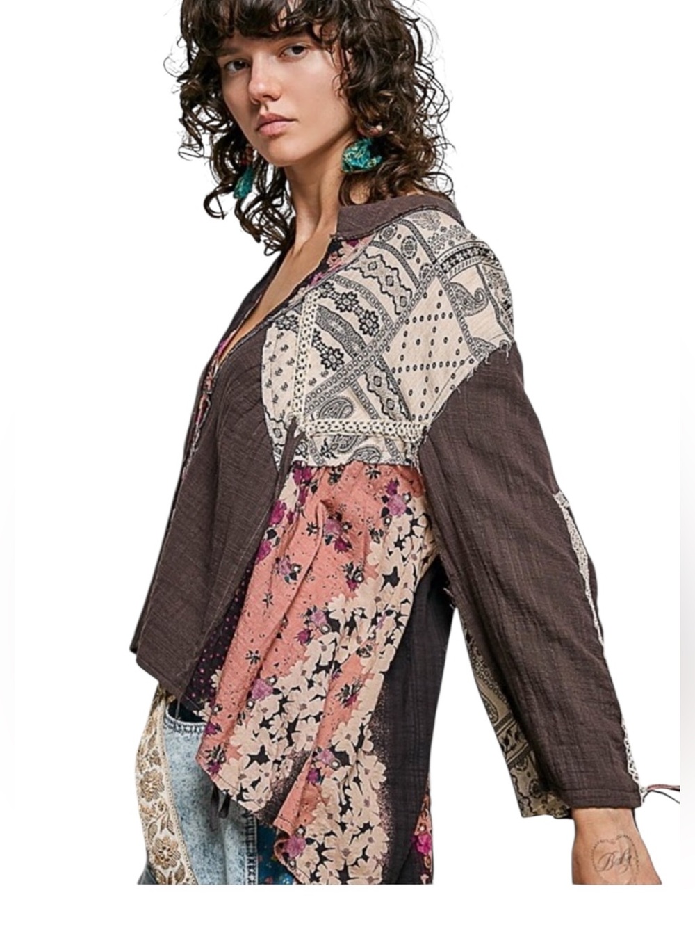 Pol Charcoal Multi patchwork long sleeve Top